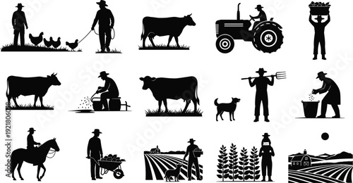 Black silhouette of a farmer on a farm, farm animals, a man on a tractor, horses, and cows isolated on a white background