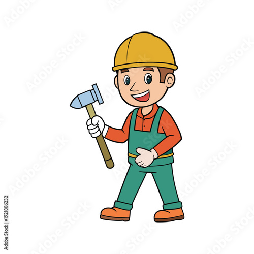 Happy construction worker with a hammer, celebrating Labor Day, cartoon character