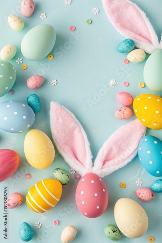 Colorful easter eggs with bunny ears on a light blue background 