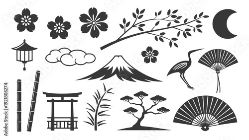 Japanese Cultural Icons: Mt. Fuji, Cherry Blossoms, Bamboo, Torii Gate, Crane, and Fans on White Background