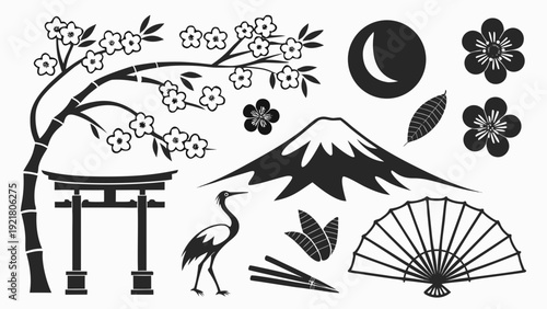 Black Silhouette Collection of Japanese Icons including Mt. Fuji, Sakura, Torii Gate, Crane, and Fans