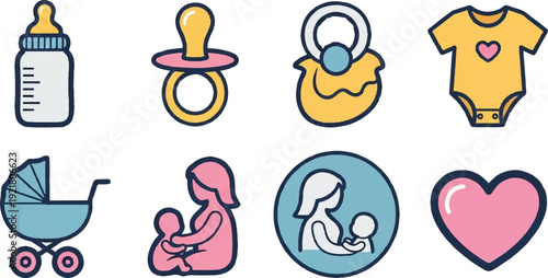 Baby items vector set for early childhood childcare and parenting concepts