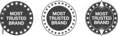 Set Of Three Trust Certification Badges With Crown Symbol, Most Trusted Brand Quality Seal Collection, Premium Award Emblem Design, Gold Silver And Bronze Guarantee Labels, Vector Illustration For Bus