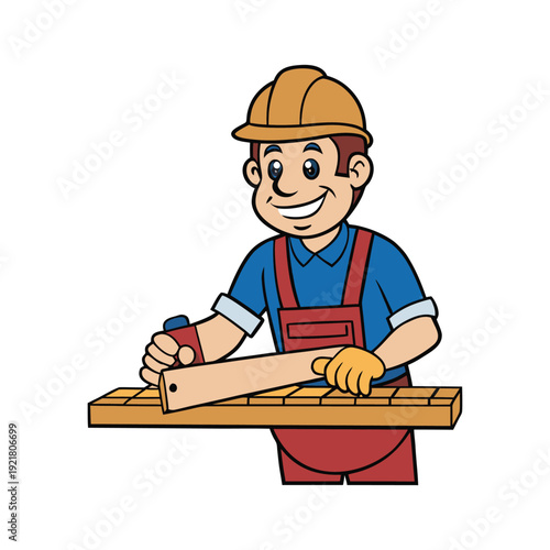 Happy construction carpenter working with wood tools during Labor Day