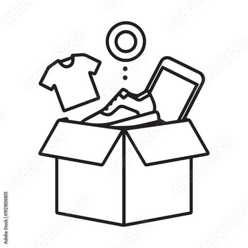 Open cardboard box containing clothing, footwear, and electronics with a currency icon representing online shopping, delivery, and commerce logistics services.