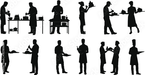 Black silhouette of chefs and bakers decorating desserts, baking cakes and pastries isolated on a white background, culinary art