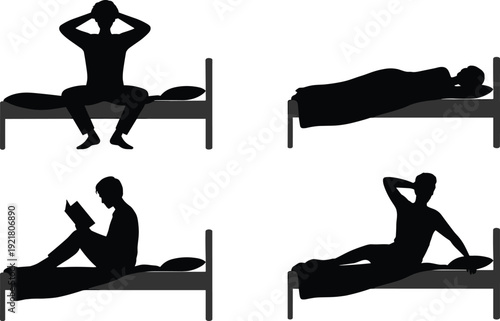 Silhouette man on bed set showing sitting stressed sleeping reading book and relaxing poses minimalist bedroom lifestyle vector illustration for stock design