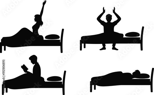 Sleeping And Waking Up Human Silhouette Set Illustration Showing Bedtime, Morning Routine, Rest, Relaxation, And Healthy Lifestyle Concepts For Vector Design Use