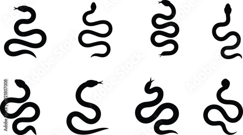 Snake silhouette collection with different twisted and crawling poses reptile animal shapes black minimal vector illustration isolated white background
