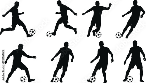 Soccer player silhouette vector set featuring football athletes dribbling ball action poses isolated line art black white sport illustration