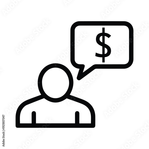 Outline icon of a professional person with a speech bubble containing a dollar sign, symbolizing financial consulting, business negotiations, and budgeting.