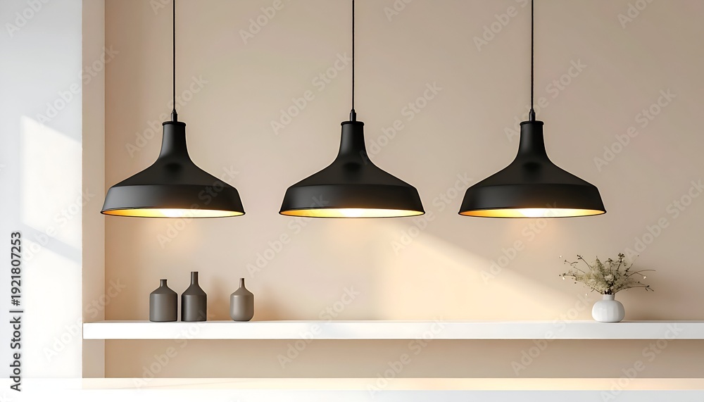 Obraz premium Three black pendant lights over shelf with bottles and vase, cream wall