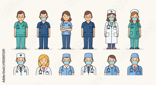 Eleven Medical Professionals in Uniforms and Masks doctors nurses scrubs lab coats