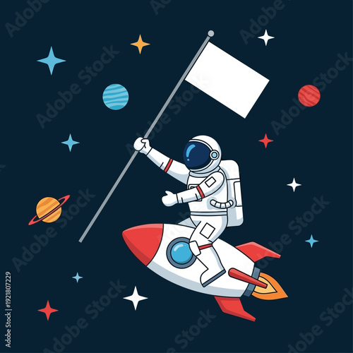 Astronaut on Rocket Flying Through Space with Flag.