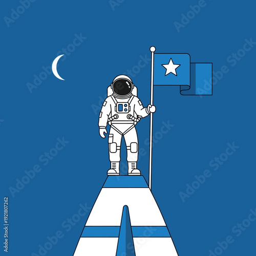Astronaut standing on a road holding a flag with a star.