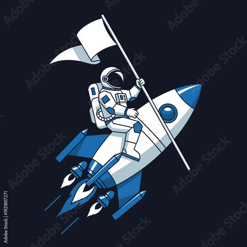 Astronaut flying on rocket with flag in hand.