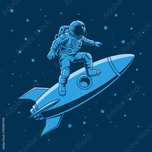 Astronaut Riding Rocket in Space with Stars.
