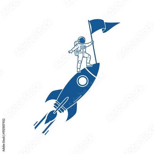 Astronaut Riding Rocket with Flag in Space Adventure.