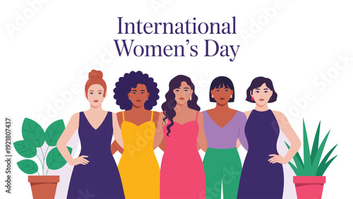 international women’s day diverse women standing together illustration with plants on white background celebrating unity and empowerment