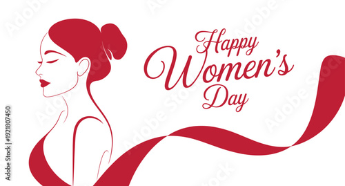 happy women’s day elegant red female silhouette with flowing ribbon design on white background for celebration greeting card concept