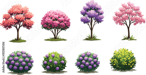 Set of cartoon blooming trees and flowering bushes with pink, purple, and yellow blossoms for spring or garden scene design.