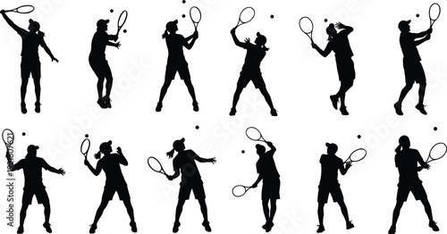 Black silhouette of tennis players, various poses, dynamic and active poses, male and female playing tennis, isolated on white
