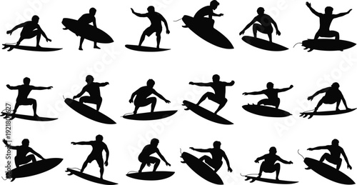 Surfing silhouette vector set featuring surfers riding waves extreme sport action poses isolated line art black white illustration