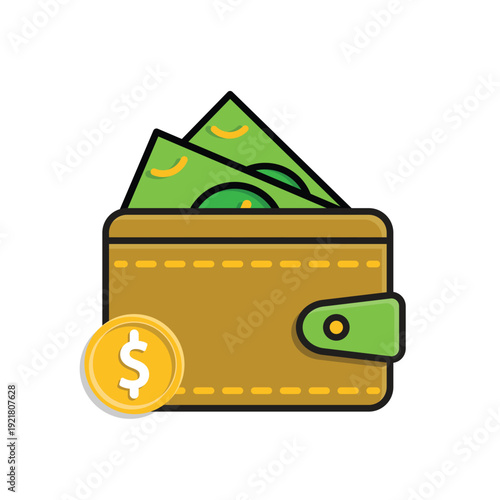 expense icon. finance. wallet with dollar coins and three banknotes. Economic, business, accounting. isometric design style