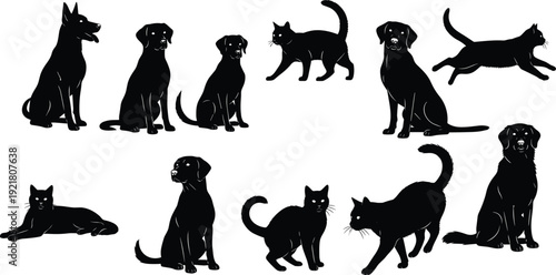 Black silhouettes of dogs and cats on white background