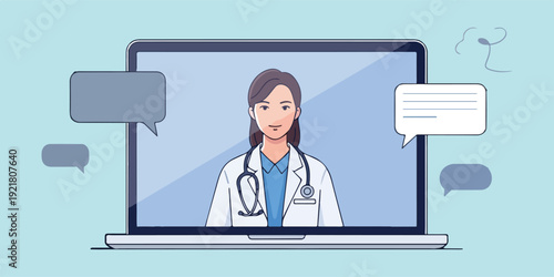 Female Doctor on Laptop Screen with Chat Bubbles call stethoscope