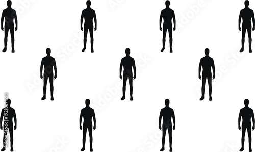 Black human silhouette set, standing male body figures in front view, anonymous people icons collection, vector shapes on white background, simple design elements