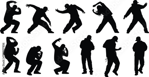 Breakdance vector silhouette set, young people dancing in a street style, male hip hop dancers in a street urban style, breakdancing moves