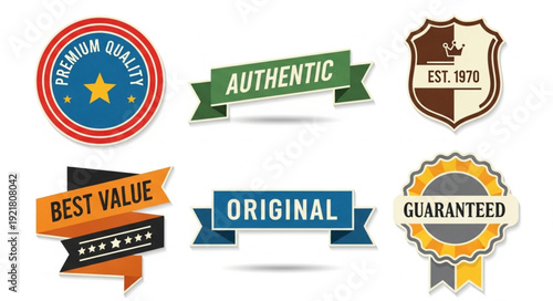 Collection of authentic quality guarantee labels and badges.