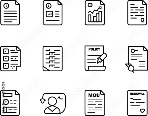 Collection of essential vector document icons for contracts and business policies