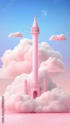 Pink Fantasy Tower Surrounded by Fluffy Clouds Under Blue Sky with Crescent Moon