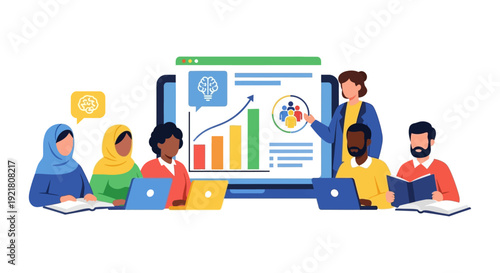Diverse Team Business Training and Professional Development. Global Seminar, Data Analysis, and E-Learning Workshop Illustration.