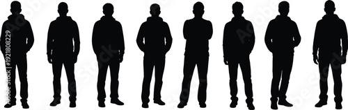 Black silhouettes of men in various poses white background standing
