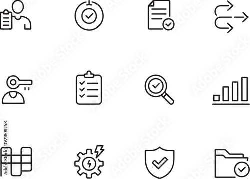 Collection of twelve essential line icons for business management tasks