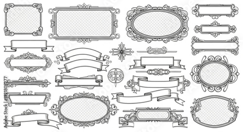 Collection of ornate vintage frames and banners for design.