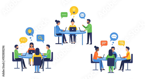Business Team Collaboration and Brainstorming Meeting. Diverse Group of Professionals Discussing New Ideas, Strategy, and Digital Communication. Flat Vector Illustration.
