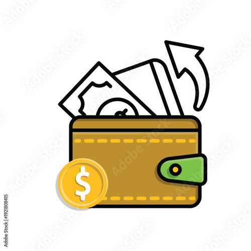 expense icon. finance. wallet with money and cards plus an upward arrow. Economic, business, accounting. mixed design style