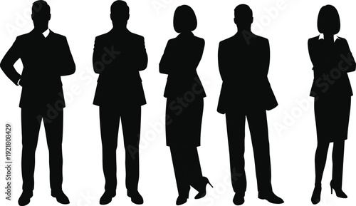 Business people silhouette group standing full length with arms crossed, professional man and woman in suits, diverse group of workers