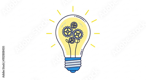 Innovative idea light bulb with gears and radiant lines representing creativity and inspiration