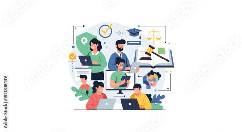Digital Legal Education and Compliance Training Illustration. Online law school, professional development, remote learning mentorship concept.