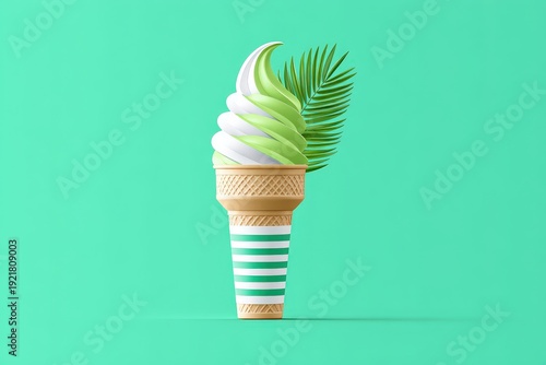 Ice Cream Cone with Green Swirl Soft Serve and Tropical Palm Leaf on Mint Green Background