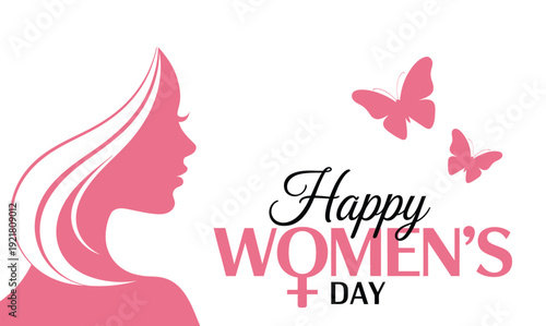 happy women’s day greeting card design with female silhouette and butterflies on white background celebrating empowerment and equality