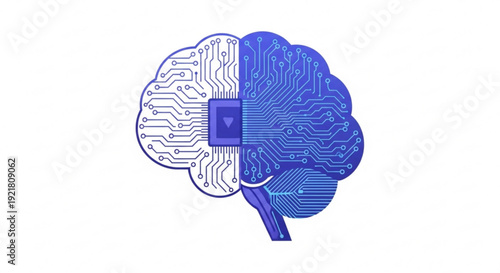 Brain with circuit board pattern and microchip technology integration symbolizing artificial intelligence and human mind connection