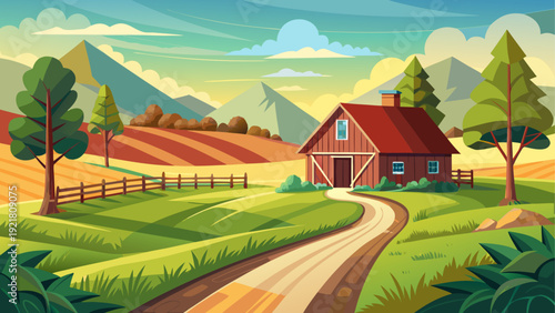 A wide open countryside farm with a simple wooden cottage placed near the center of the scene a narrow dirt road leads from the foreground toward the cottage surrounded by open natural land