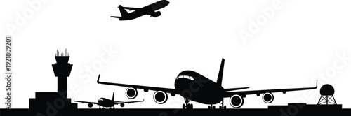 Airport runway silhouette scene with airplanes taking off landing control tower radar aviation transportation vector illustration isolated white background