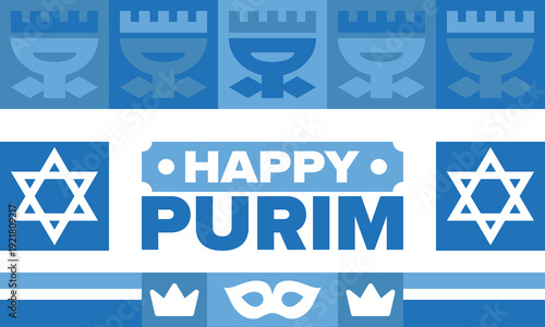 Purim. Happy Purim. Traditional Jewish religious holiday. Star of David, Carnival mask. Israel history. Сelebrated by a masquerade and festival. Poster art. Vector illustration